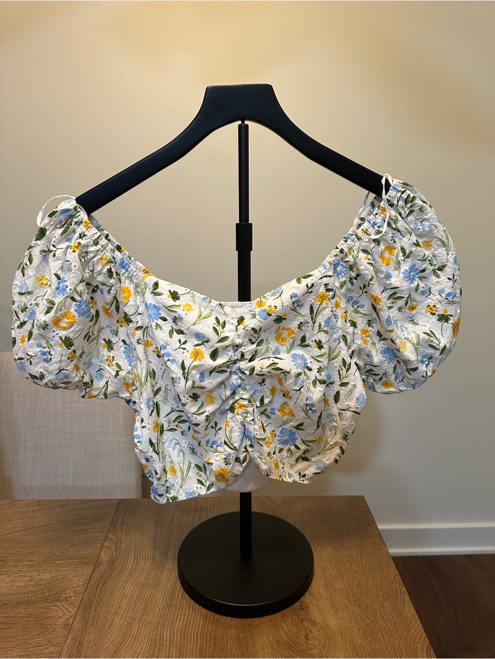 Floral Puff-Sleeve Crop Top - White with Blue & Yellow Flowers